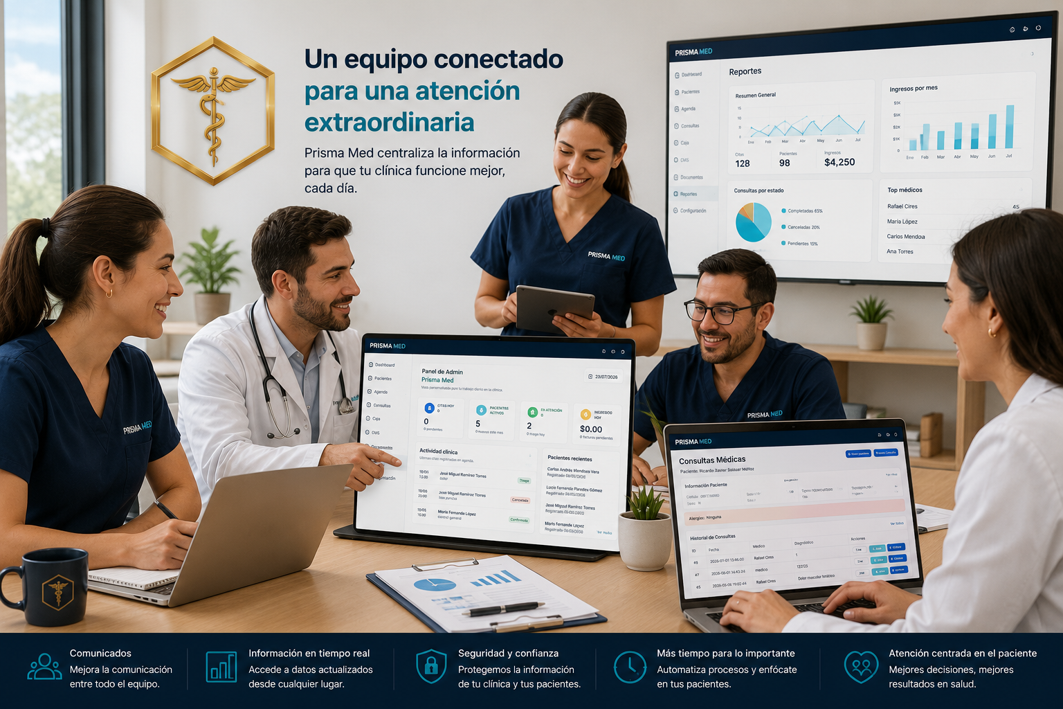 Equipo médico y administrativo trabajando con Prisma Med
