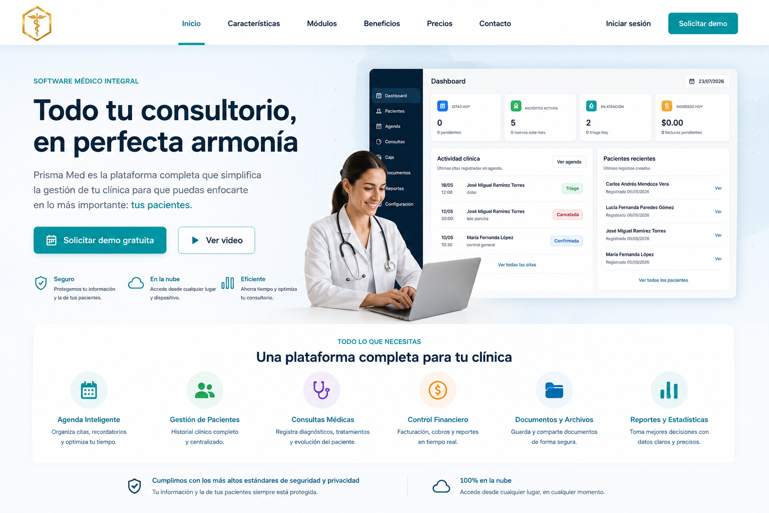 Página institucional de una clínica creada con Prisma Med